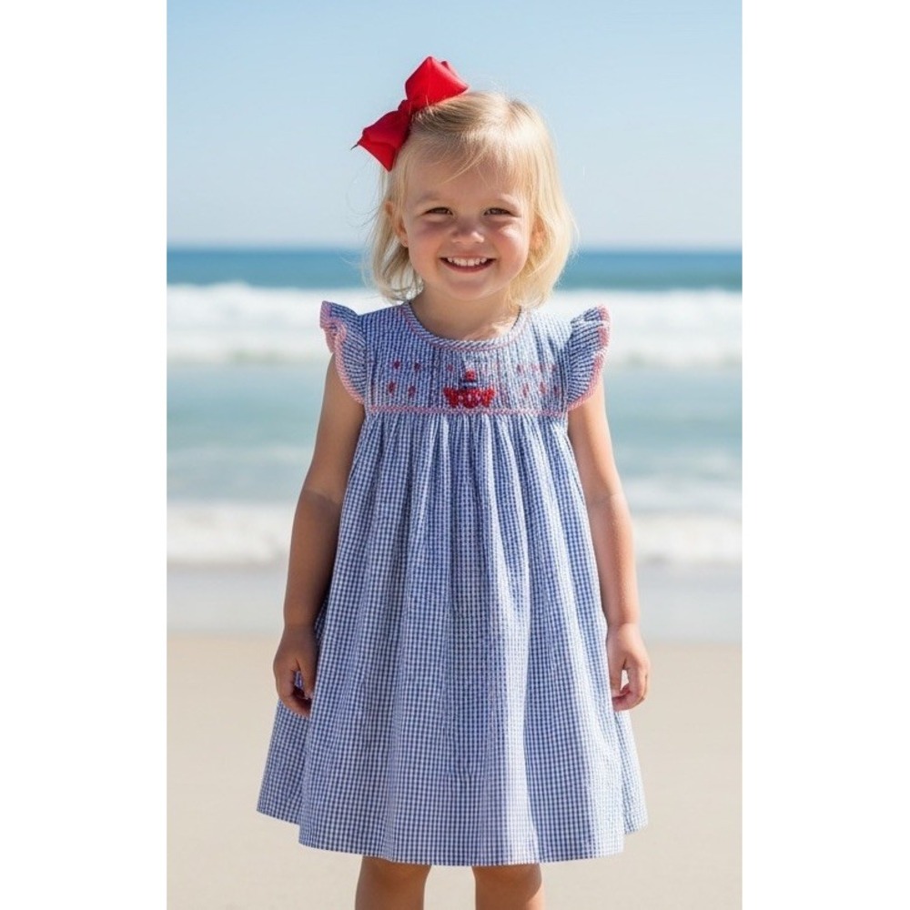 Petit Pomme 2T Gingham Seersucker Smocked Dress Girl 2 Toddler Nautical Beach